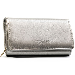 Duży, srebrny portfel damski ze skóry ekologicznej z kieszonką zewnętrzną - 4U Cavaldi