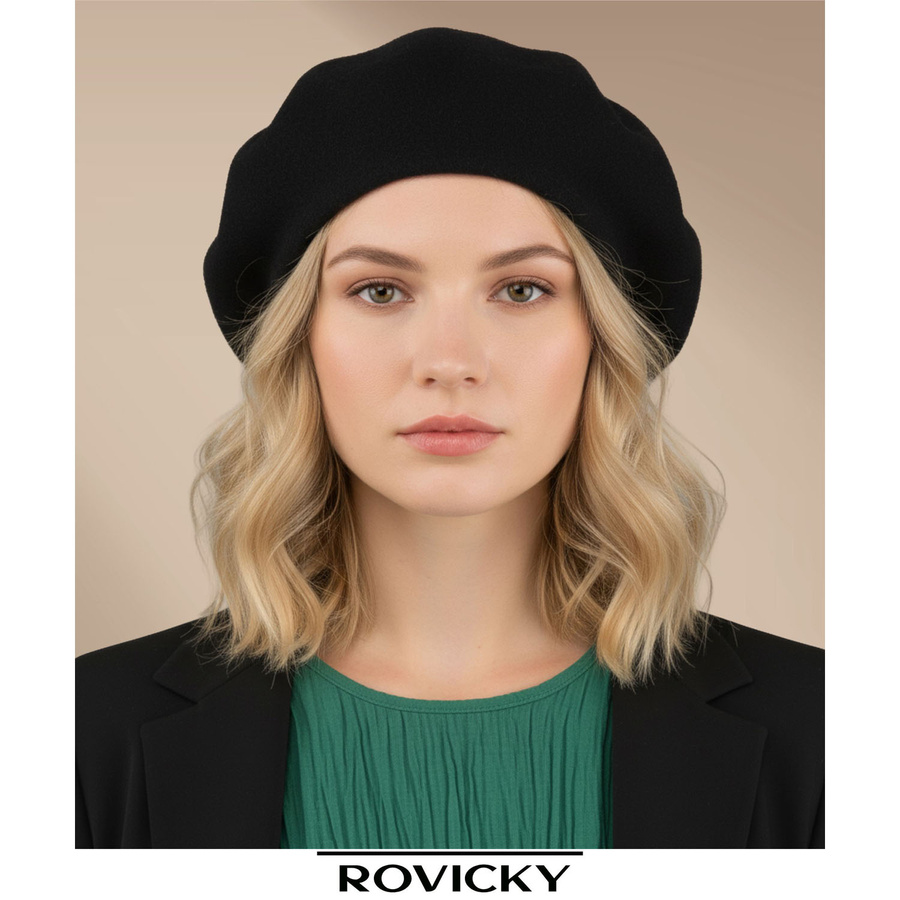 Ciepły, czarny beret damski wykonany z akrylu - Rovicky