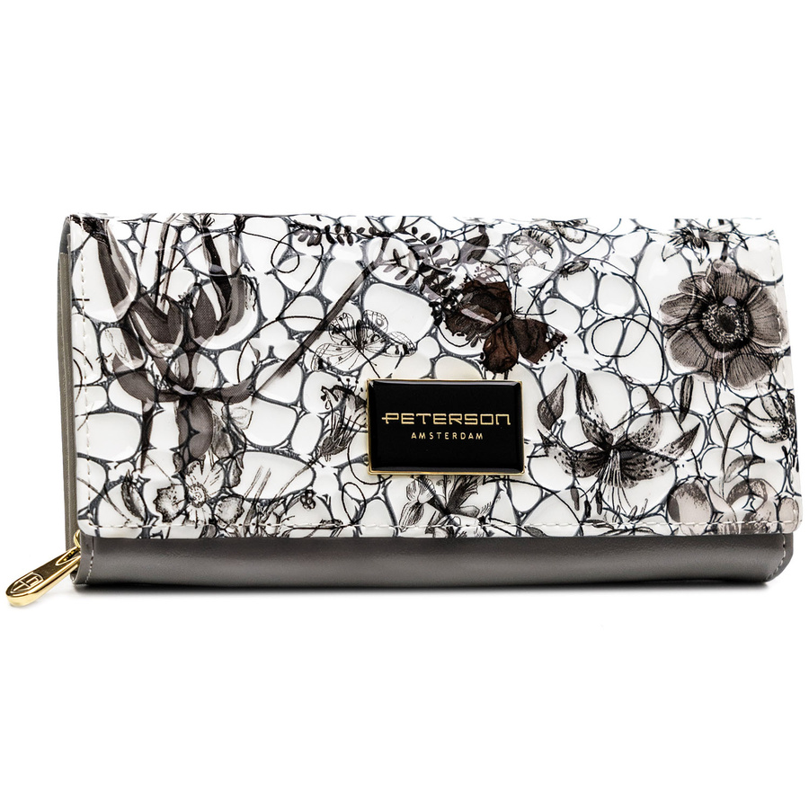 Damski portfel ze skóry naturalnej w kwiatowy wzór wyposażony w system RFID - Peterson