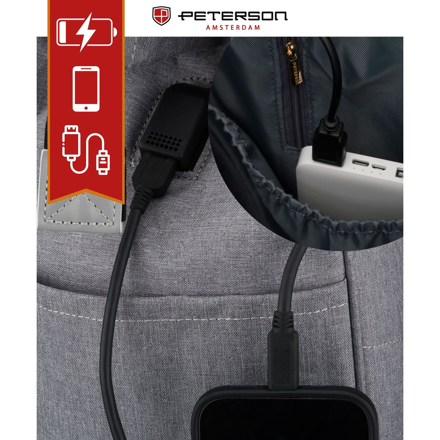 Plecak damski z poliestru w szarym kolorze zamykany bezpiecznym suwakiem - Peterson