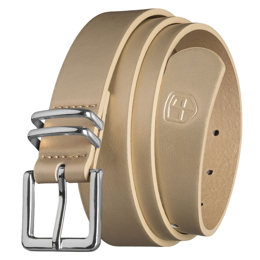 Beżowy pasek damski ze skóry ekologicznej ze srebrną, klasyczną klamrą - Peterson