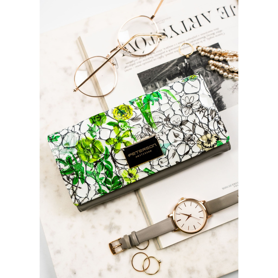 Poziomy, duży portfel damski w kwiatowy wzór z wewnętrzną kieszonką na suwak - Peterson