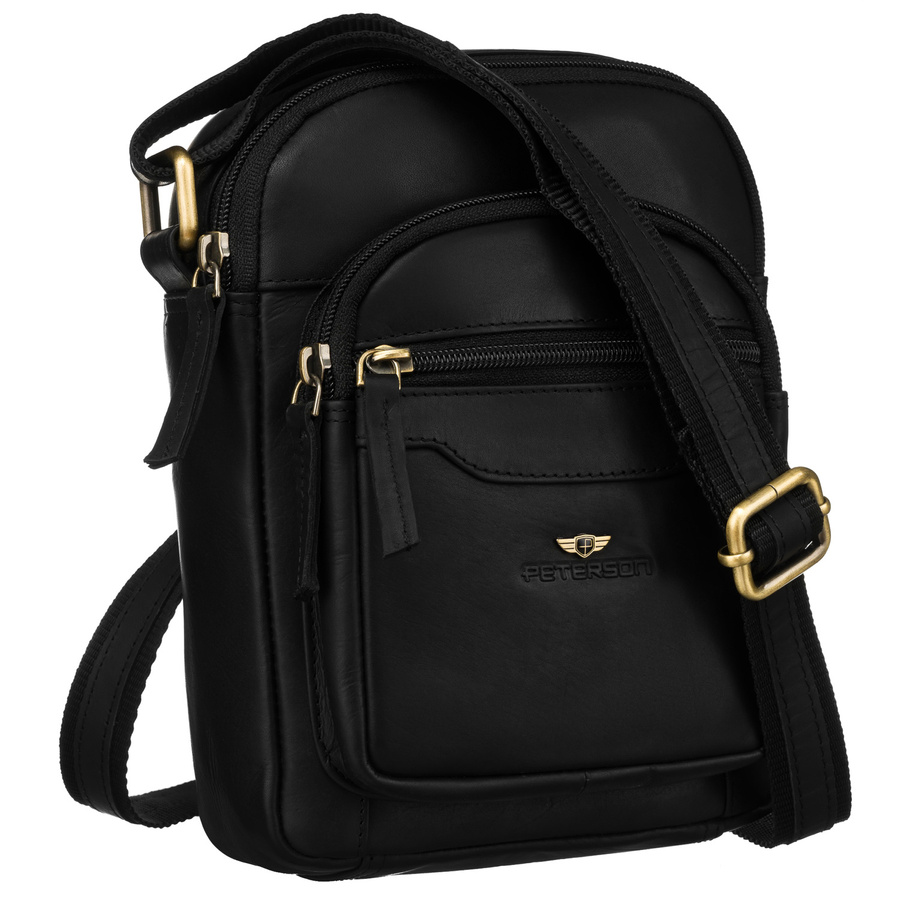 Czarna torba męska ze skóry naturalnej z saszetką w zestawie - Peterson
