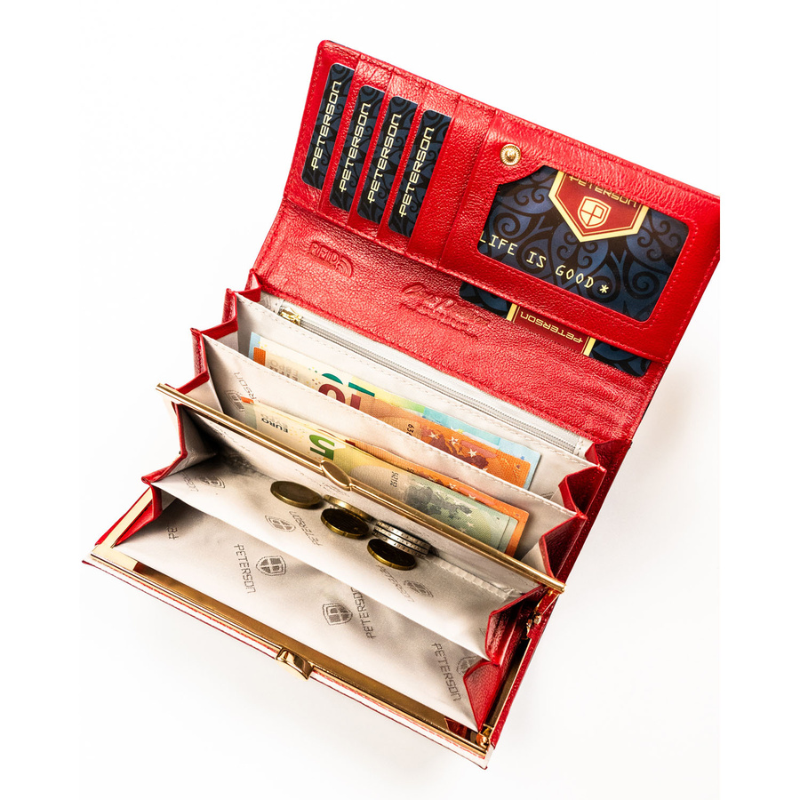 Duży portfel damski ze skóry ekologicznej i naturalnej w czerwonym kolorze zamykany zatrzaskiem - Peterson