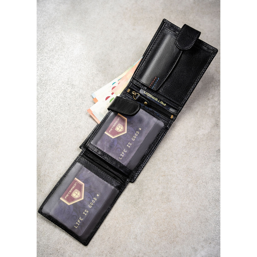 Poziomy portfel męski ze skóry naturalnej w czarnym kolorze w zestawie z brelokiem - Peterson