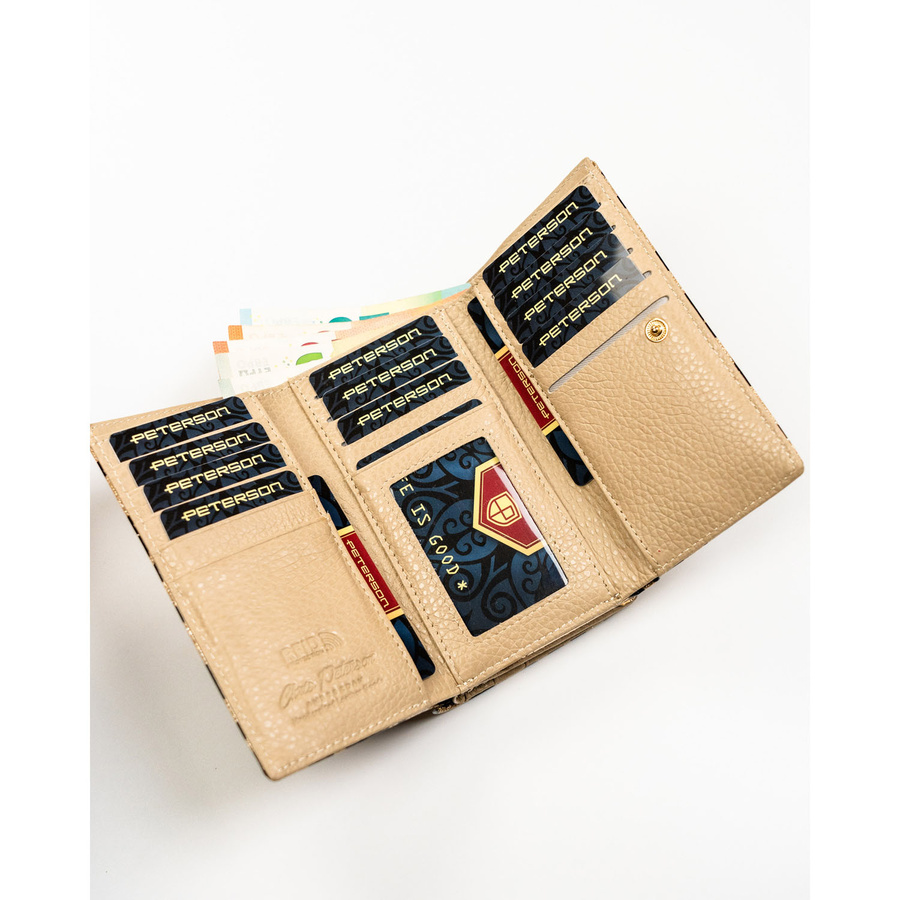 Złoty portfel damski ze skóry ekologicznej i naturalnej w cętki, zamykany biglem i zatrzaskiem - Peterson