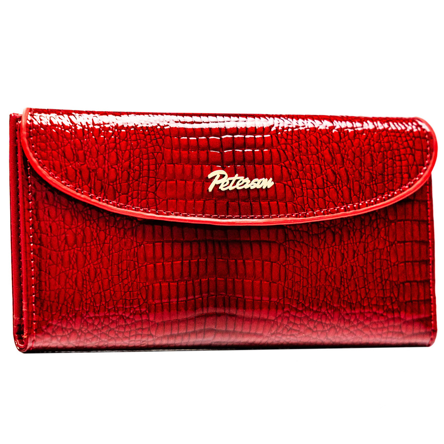 Poziomy portfel damski ze skóry ekologicznej w czerwonym kolorze z tłoczeniem na wzór skóry krokodyla - Peterson