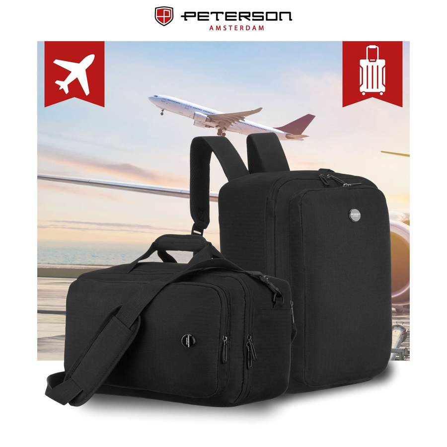 Plecak podróżny w czarnym kolorze zamykany suwakiem, idealny na bagaż podręczny - Peterson