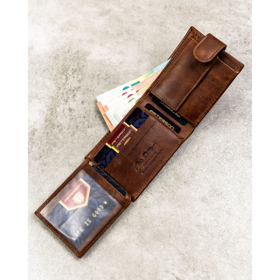 Skórzany, jasnobrązowy portfel męski zamykany na zatrzask - Peterson