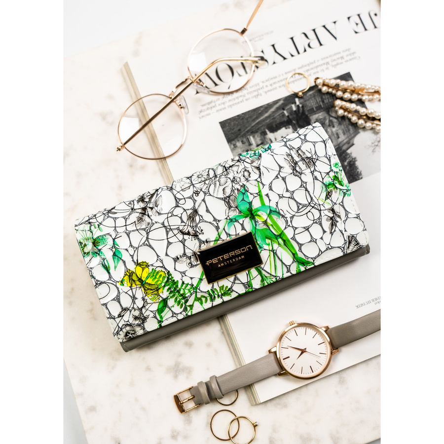 Wielokolorowy, poziomy portfel damski ze skóry naturalnej w kwiatowy wzór - Peterson