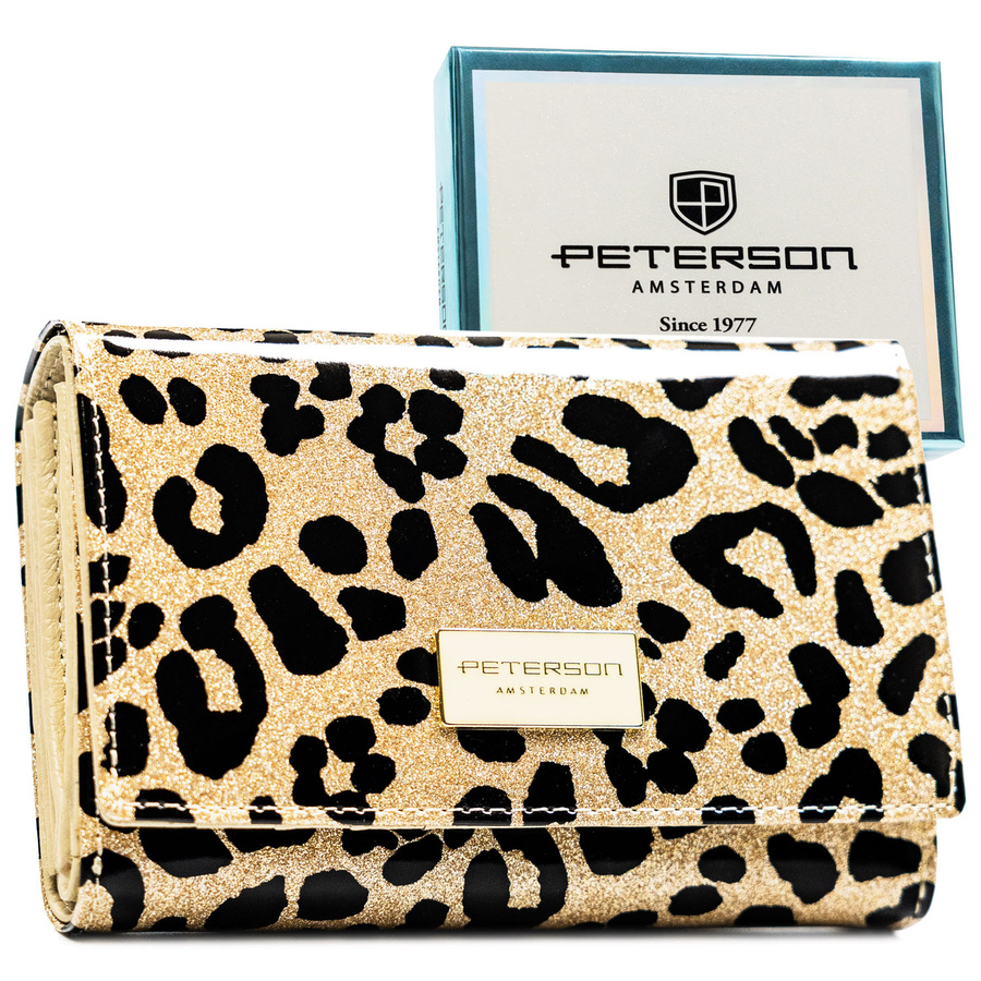 Portfel damski ze skóry ekologicznej i naturalnej w złotym kolorze z kieszenią zewnętrzną - Peterson