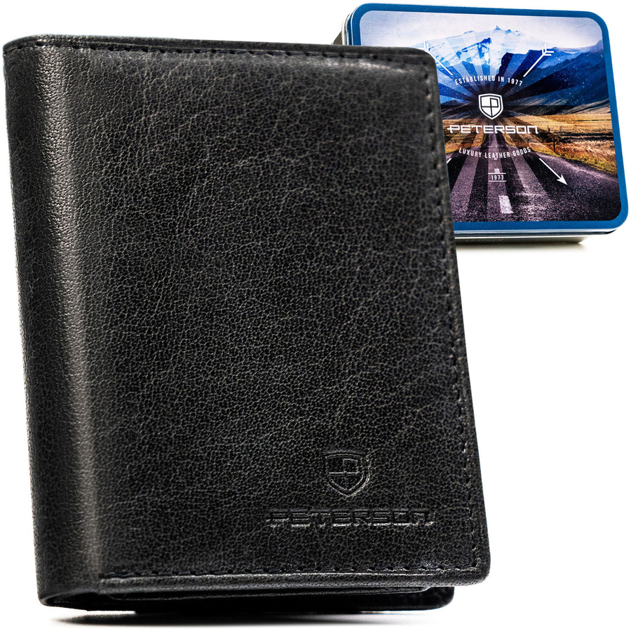 Pionowy portfel męski ze skóry naturalnej w czarnym kolorze, model bez zapięcia zewnętrznego - Peterson