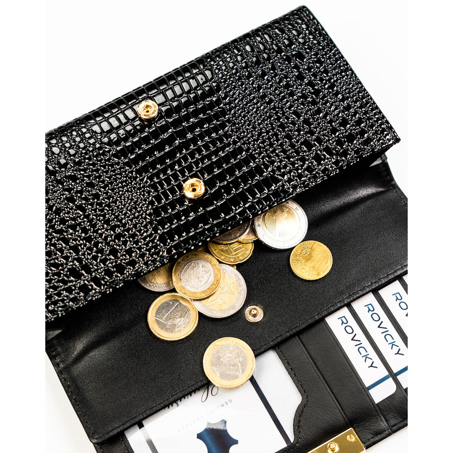 Lakierowany, czarny portfel damski ze skóry naturalnej z systemem RFID - Rovicky