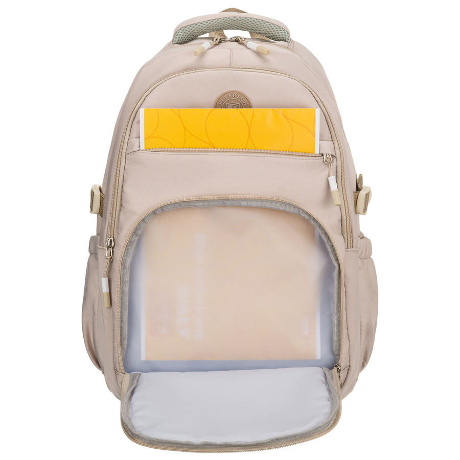 Beżowy, modny plecak szkolny z poliestru zawieszony na regulowanych szelkach - Peterson