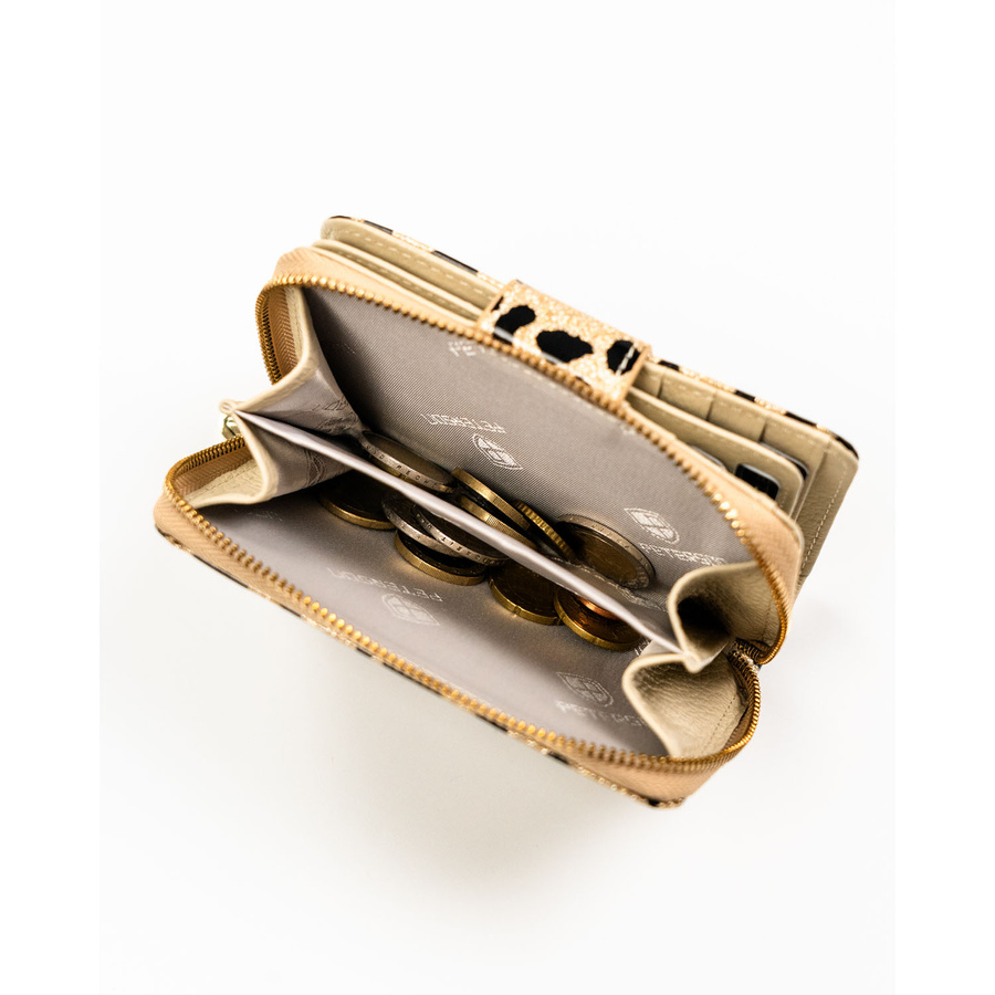 Złoty, pionowy portfel damski ze skóry ekologicznej i naturalnej w cętki - Peterson