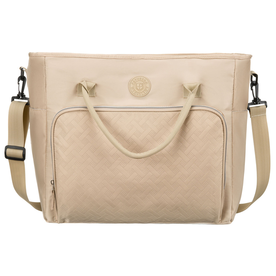 Praktyczna torba podróżna z poliestru w beżowym kolorze, wyposażona w uchwyt na walizkę - Peterson