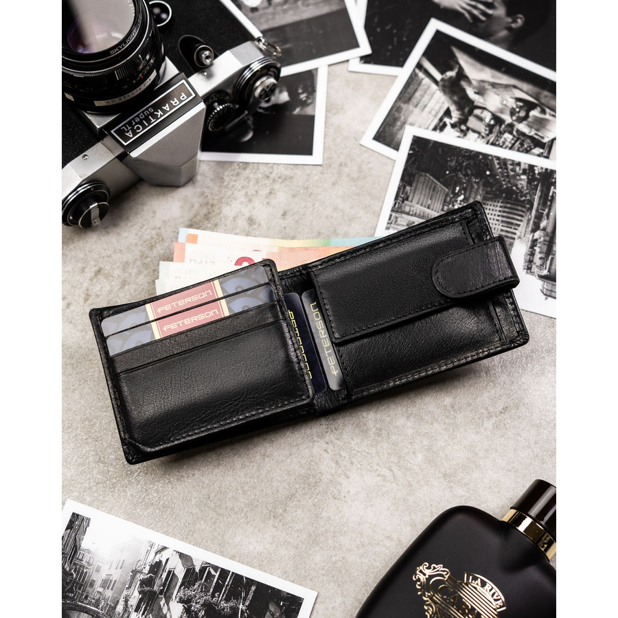 Skórzany, czarny portfel męski zamykany na zatrzask, wyposażony w system RFID - Peterson