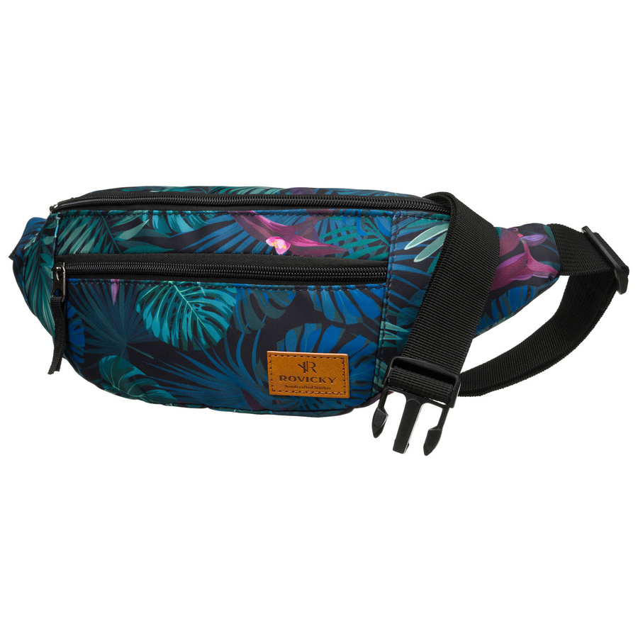 Saszetka damska z poliestru w modny, roślinny wzór, zawieszona na regulowanym pasku - Rovicky