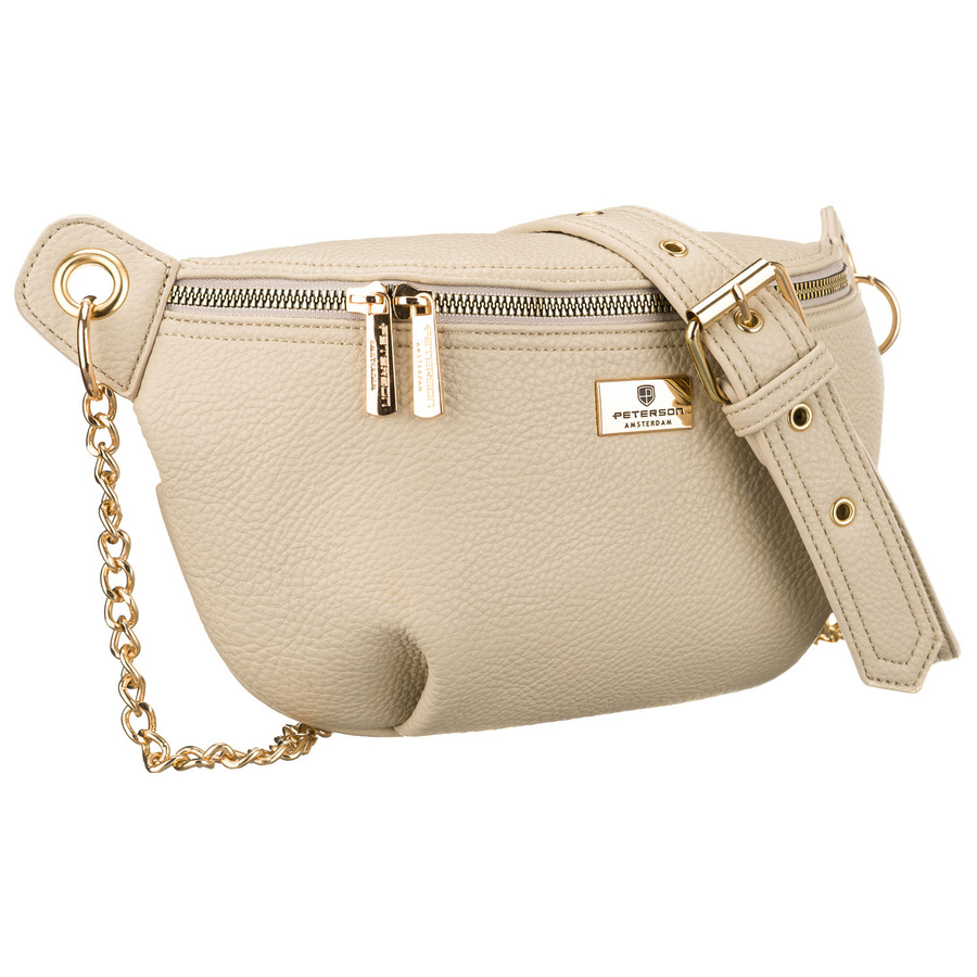 Beżowa saszetka damska ze skóry ekologicznej zamykana suwakiem, zawieszona na regulowanym pasku - Peterson