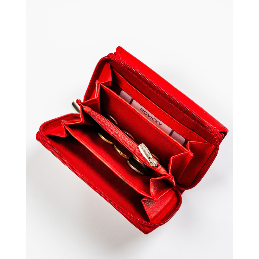 Czerwony, skórzany portfel damski na zatrzask z systemem RFID - Rovicky