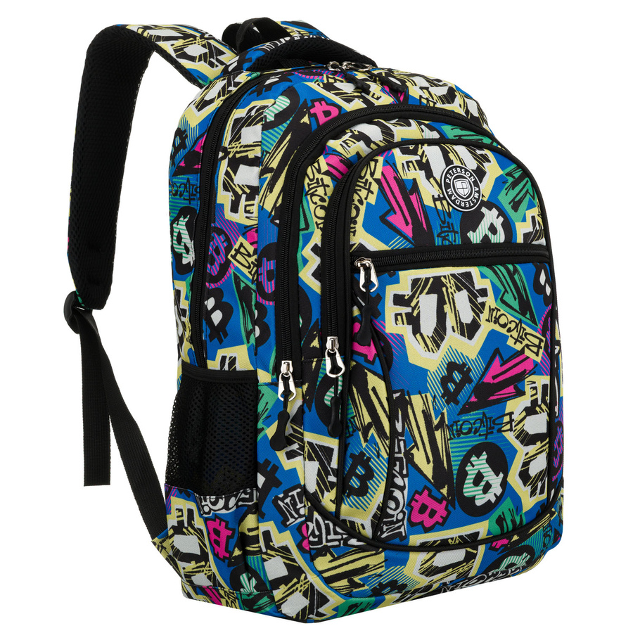 Plecak młodzieżowy do szkoły odszyty z poliestru ze wzorem imitującym graffiti, zawieszony na regulowanych szelkach - Peterson