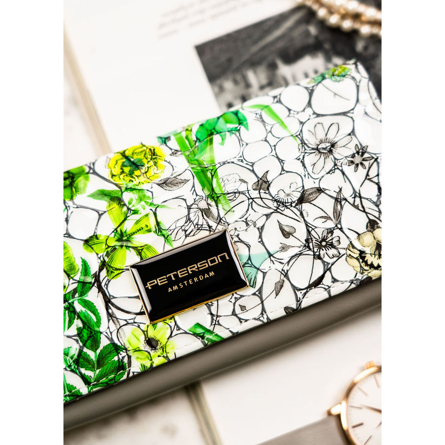 Poziomy, duży portfel damski w kwiatowy wzór z wewnętrzną kieszonką na suwak - Peterson