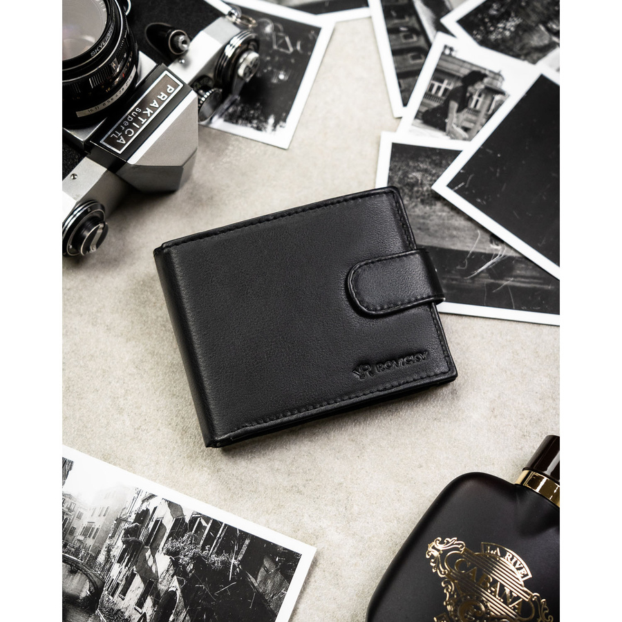 Duży, czarny portfel męski ze skóry naturalnej wyposażony w system RFID, zamykany na zatrzask - Rovicky