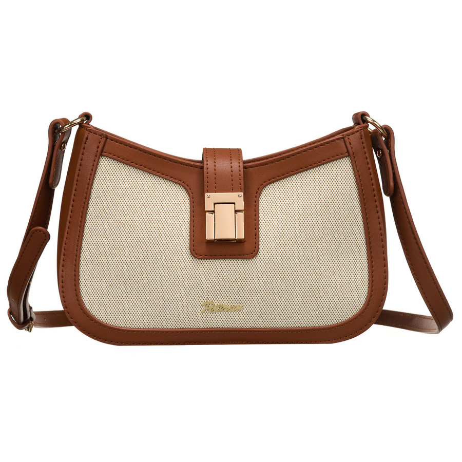 Beżowo-brązowa listonoszka damska ze skóry naturalnej i płótna poliamidowego - Peterson