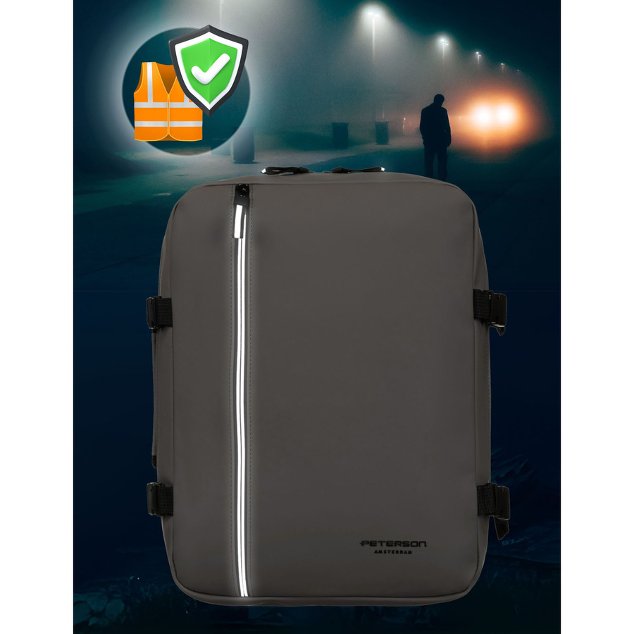 Szary plecak podróżny wyposażony w boczne pasy kompresyjne - Peterson