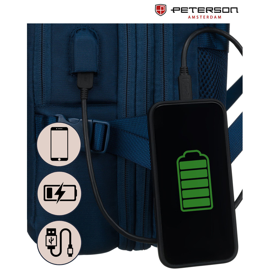Plecak podróżny wykonany z cordury w granatowym kolorze, wyposażony w port USB - Peterson