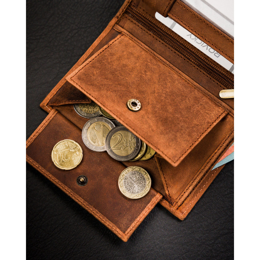 Duży, skórzany portfel męski w kolorze brązowym z tłoczeniem w kształcie konia