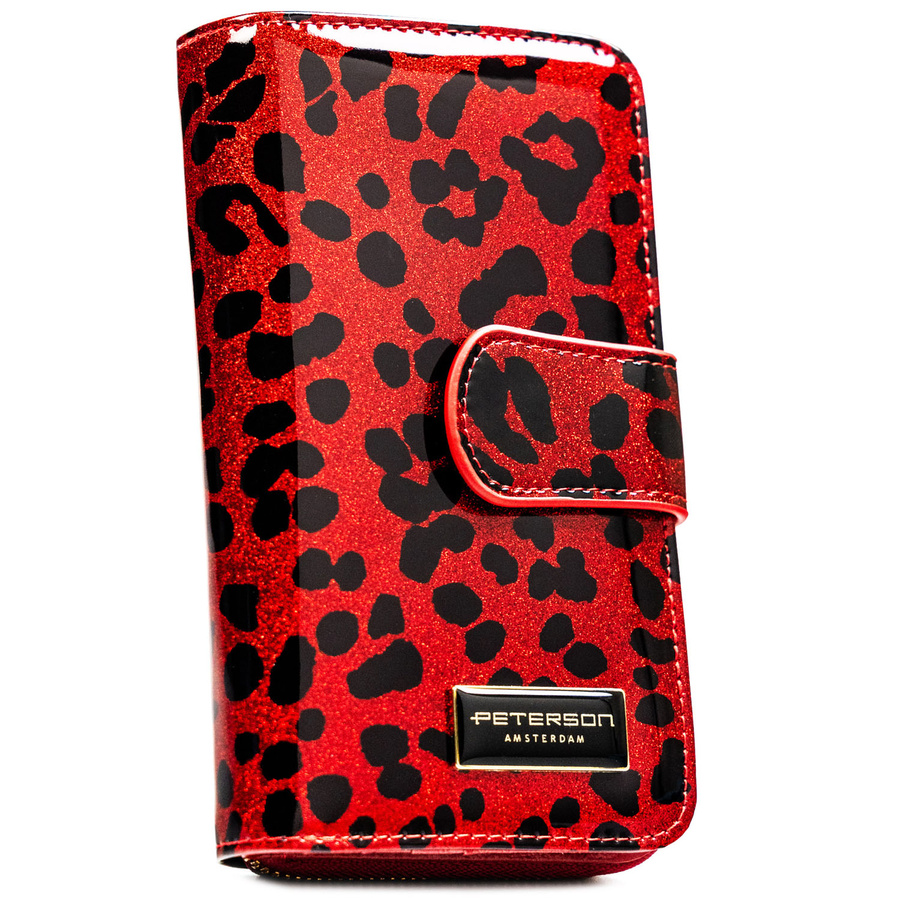 Czerwony, pionowy portfel damski ze skóry ekologicznej i naturalnej w cętki, wyposażony w system RFID - Peterson