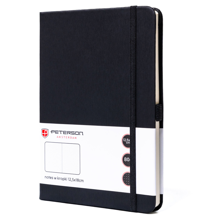 Czarny notes w formacie B6 zadrukowany w kropki, wyposażony w gumkę zamykającą - Peterson