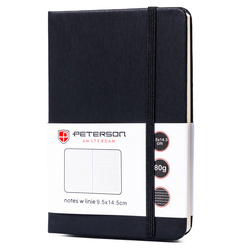 Czarny notes w formacie A6 zadrukowany w linie, wyposażony w gumkę zamykającą - Peterson