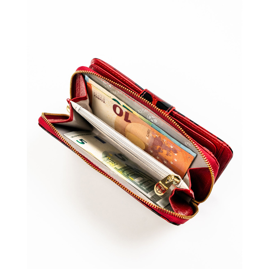 Czerwony, pionowy portfel damski ze skóry ekologicznej i naturalnej w cętki, wyposażony w system RFID - Peterson