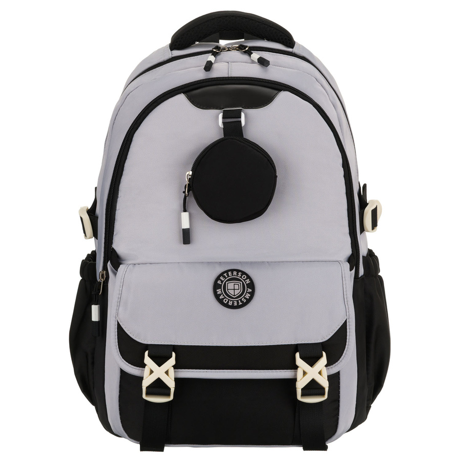Szaro-czarny plecak szkolny z poliestru z dodatkową saszetką - Peterson