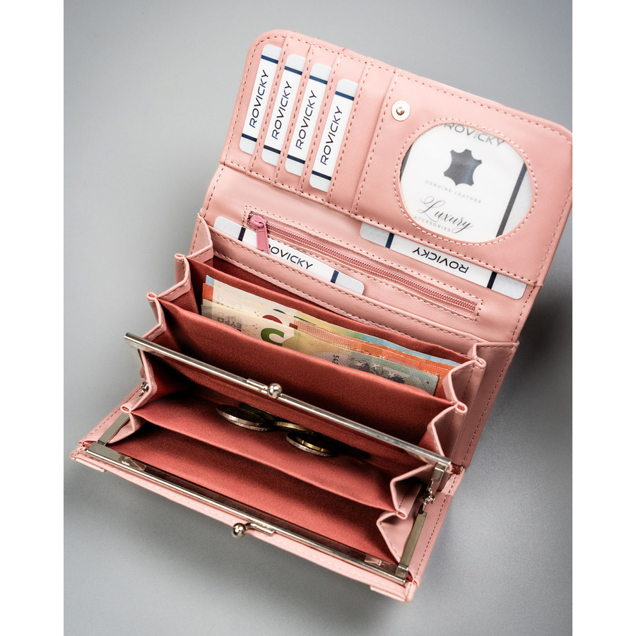 Różowy, duży portfel damski ze skóry ekologicznej z kieszonką zewnętrzną, zamykany na zatrzask - 4U Cavaldi