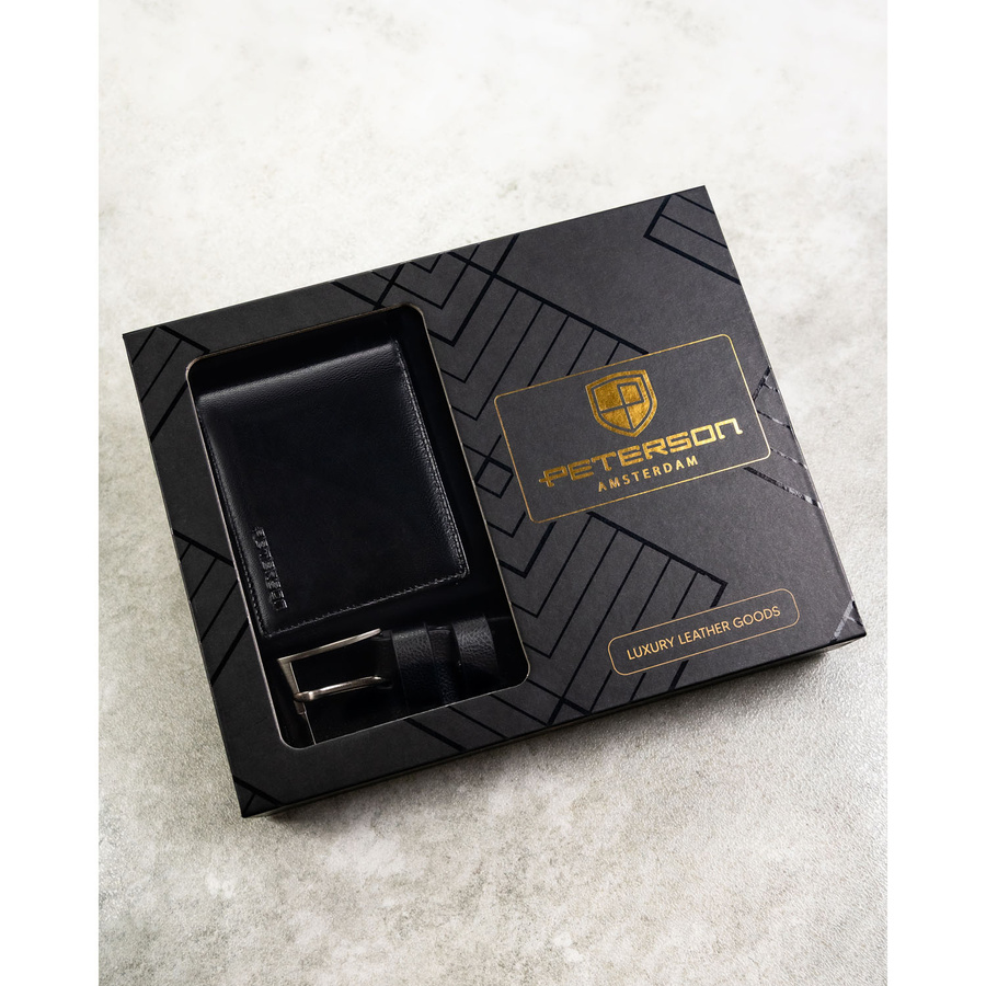 Zestaw prezentowy: skórzany portfel męski w czarnym kolorze z systemem RFID i pasek ze skóry ekologicznej - Peterson