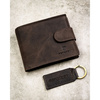 Zestaw prezentowy: brelok i brązowy, skórzany portfel męski z zapięciem na zatrzask - Peterson