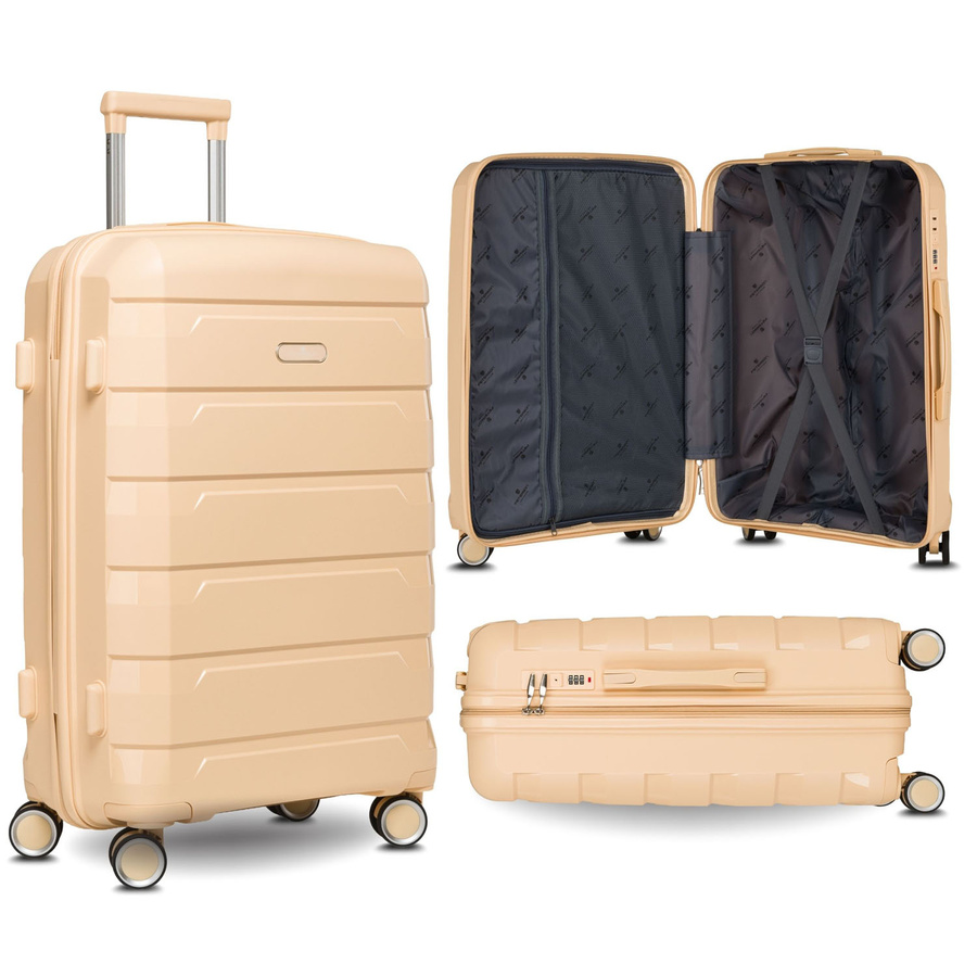 Beżowa, duża walizka z polipropylenu z wysuwaną, teleskopową rączką i zamkiem szyfrowanym - Peterson
