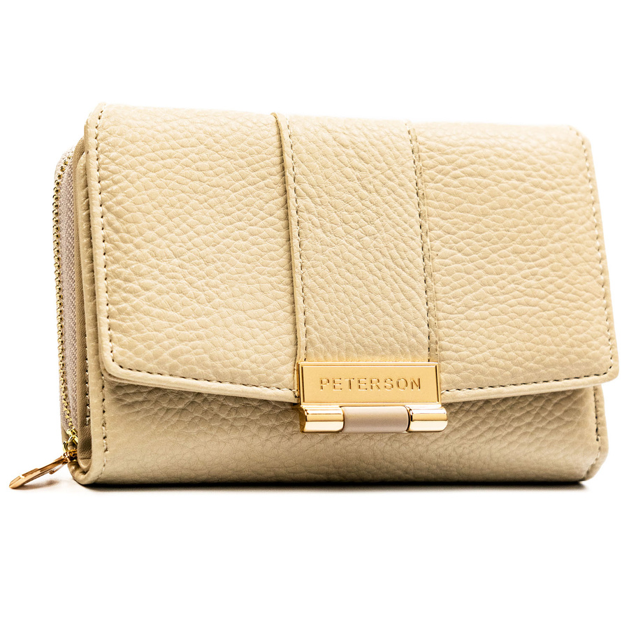 Beżowy portfel damski wykonany ze skóry ekologicznej o groszkowej fakturze, zamykany zatrzaskiem - Peterson