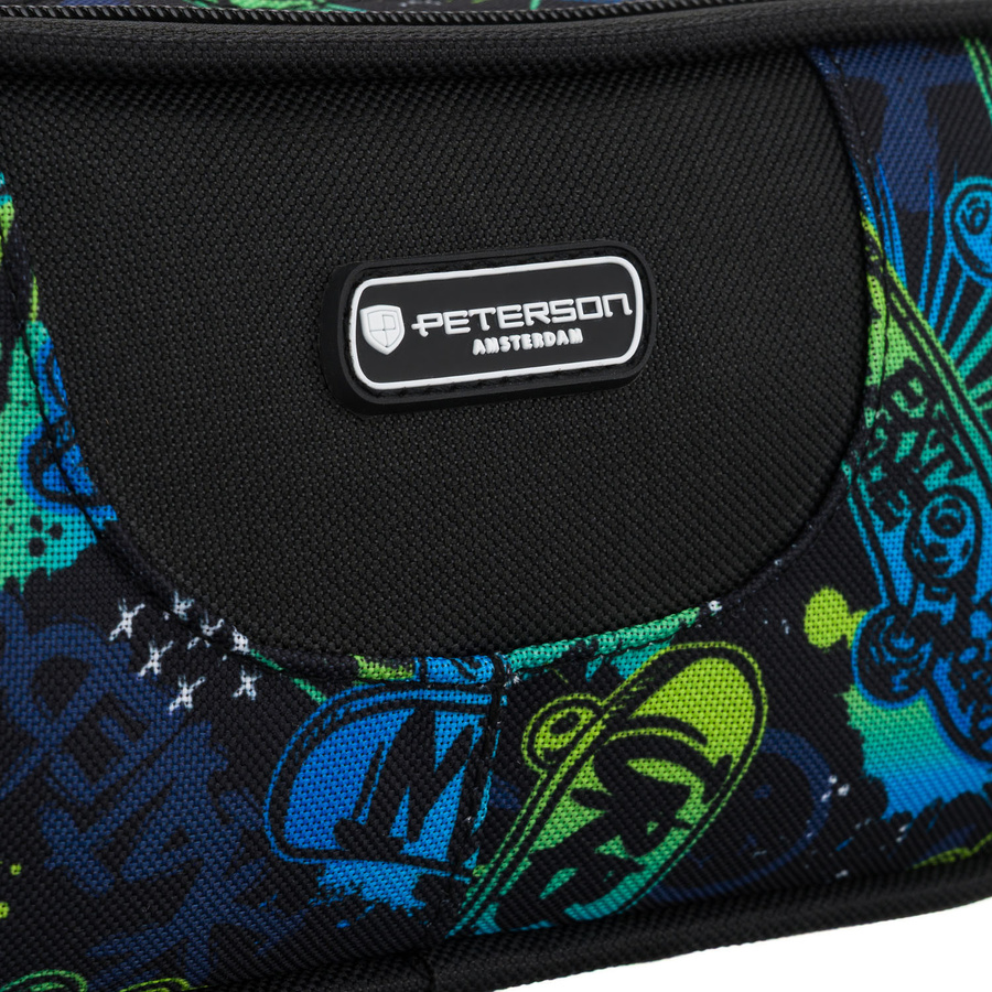 Dwukomorowy piórnik szkolny z poliestru pokryty wzorem w deskorolki - Peterson