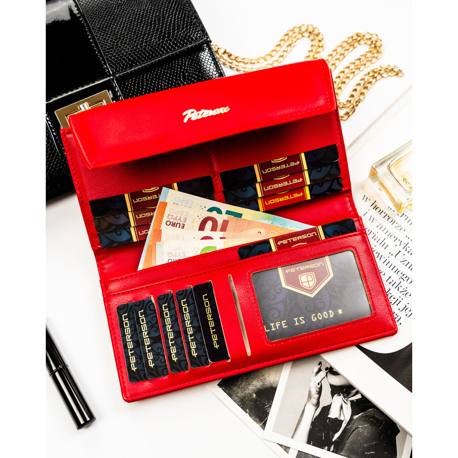 Czerwony portfel damski ze skóry ekologicznej zamykany zatrzaskiem - Peterson