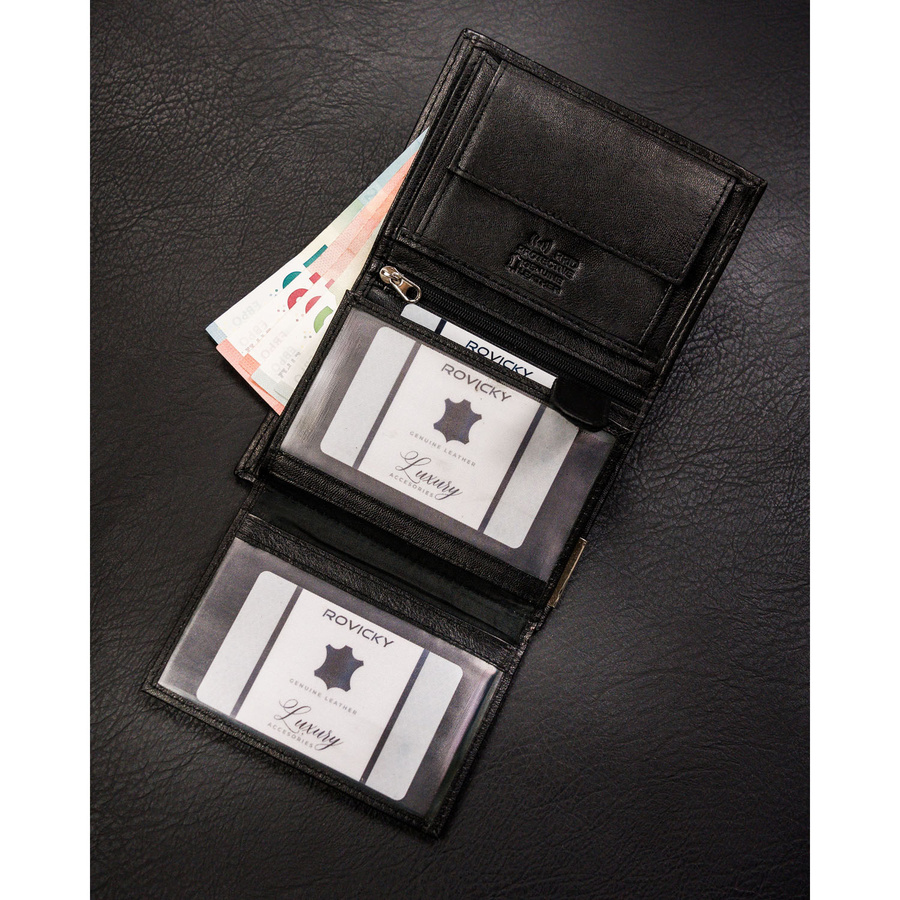 Klasyczny, pionowy portfel męski ze skóry naturalnej w czarnym kolorze - 4U Cavaldi