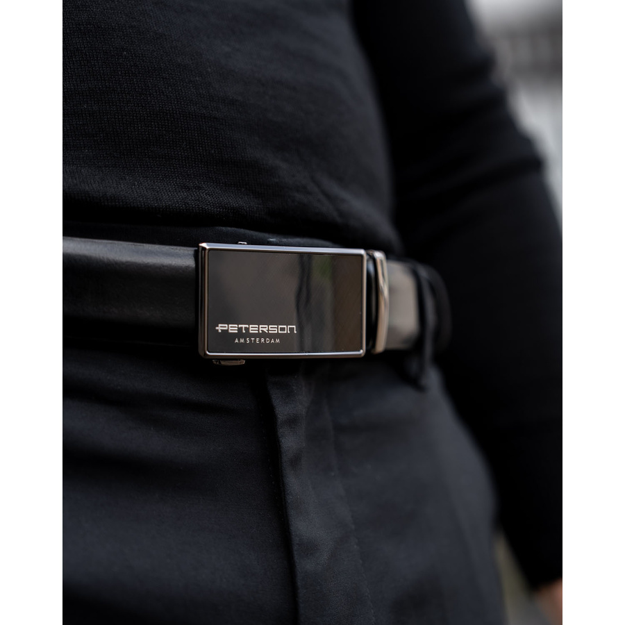 Skórzany, szeroki pasek męski z klamrą automatyczną - Peterson