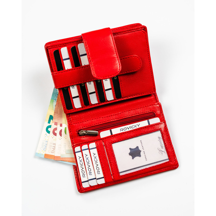 Zgrabny portfel damski na zatrzask wykonany ze skóry naturalnej w czerwonym kolorze - Rovicky