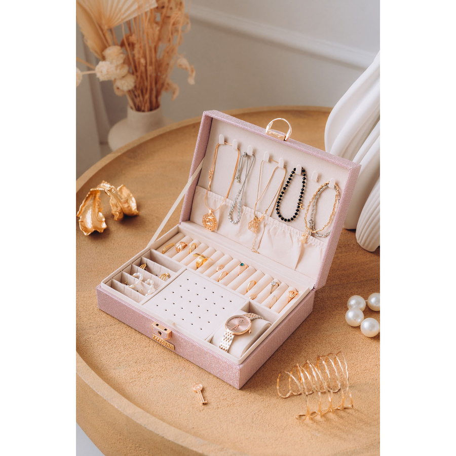 Różowa szkatułka na biżuterię z dedykowanym miejscem na zegarek - Peterson