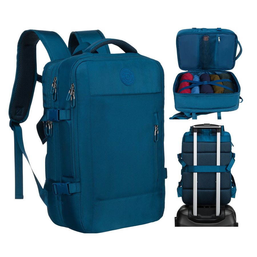 Plecak podróżny w niebieskim kolorze, idealny na bagaż podręczny i wyposażony paski kompresyjne - Peterson