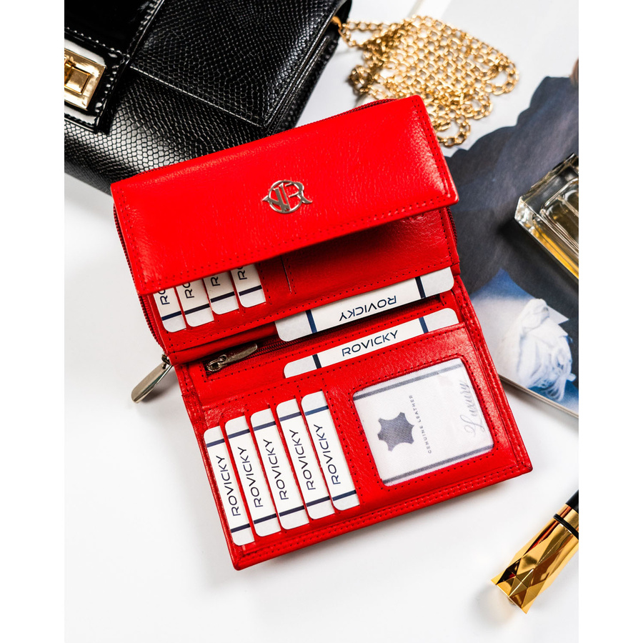 Czerwony, skórzany portfel damski na zatrzask z systemem RFID - Rovicky