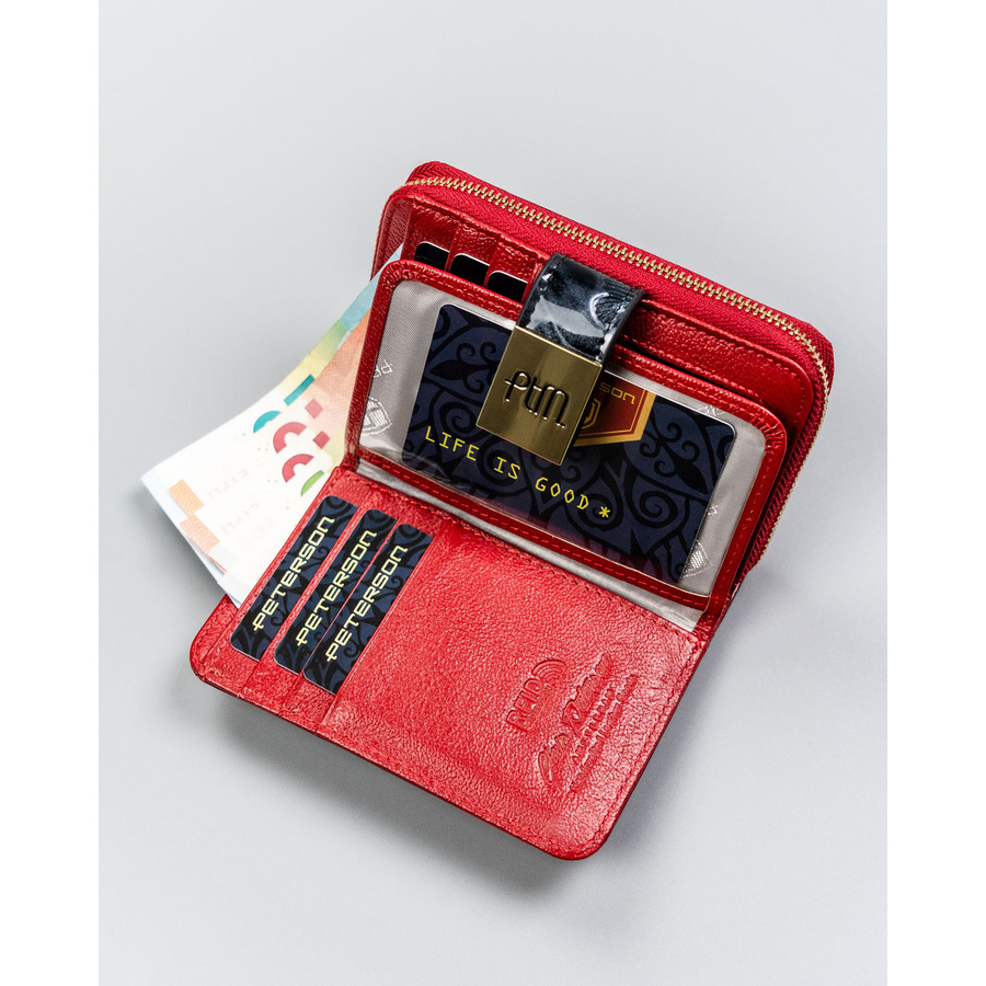 Czerwony portfel damski ze skóry naturalnej wyposażony w system RFID - Peterson